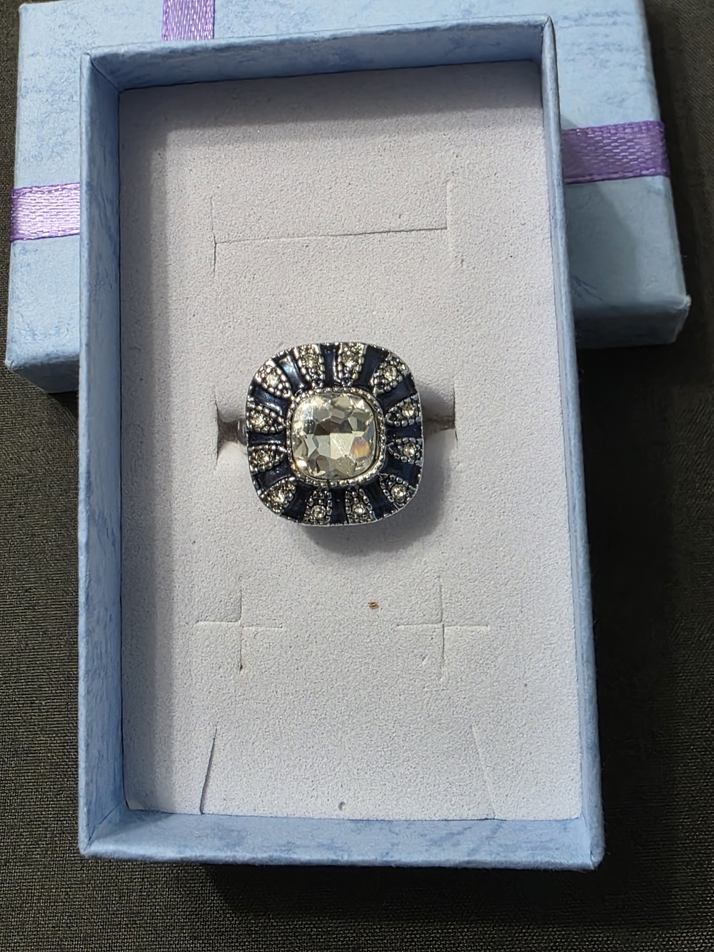 Estate Silver-Tone Clear/Navy Cushion Halo Fashion Ring - 485